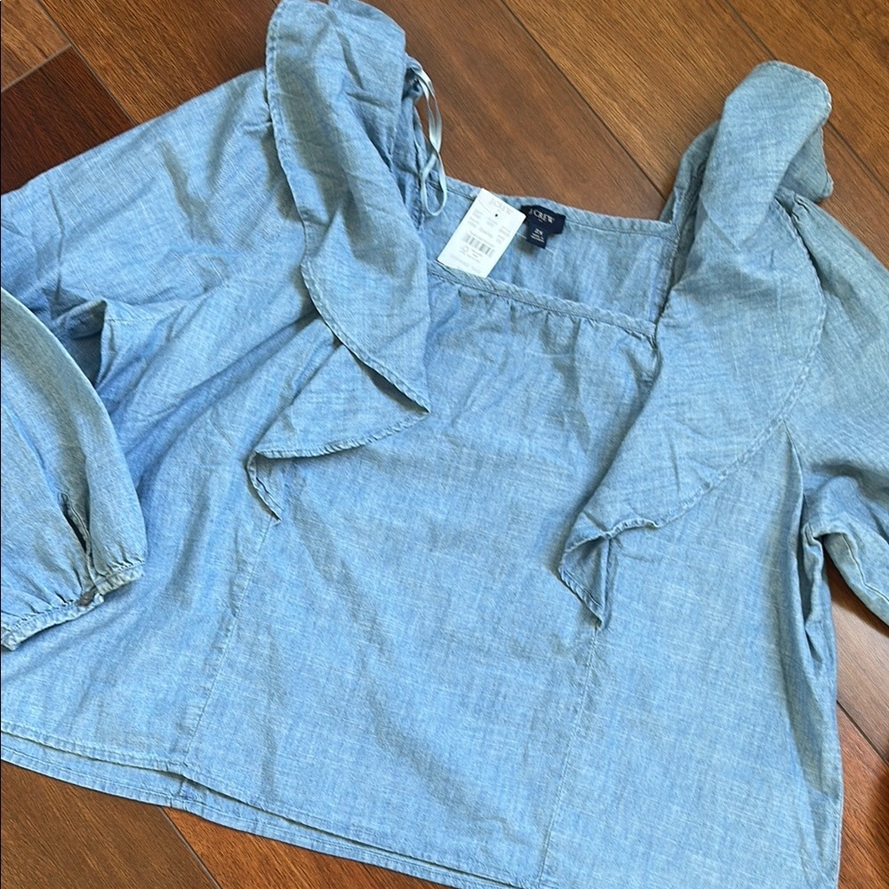 J. Crew Light Blue Chambray Ruffled Tie-Neck Blouse